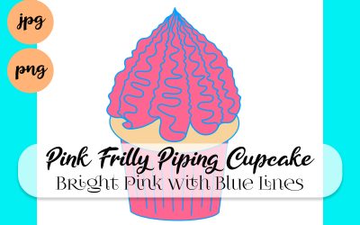 Pink Frilly Frosting Cupcake with Blue Outlines Graphic